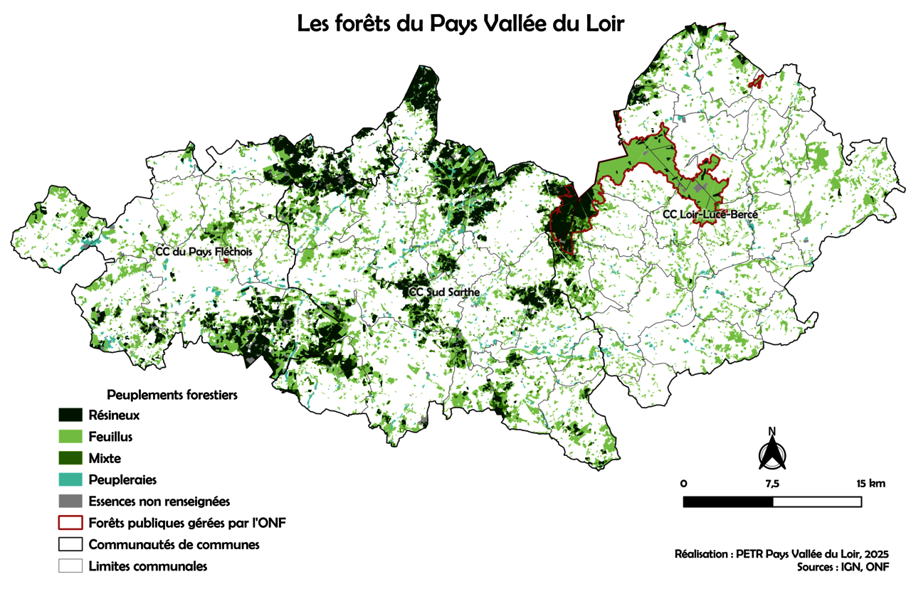 Les forêts du Pays Vallée du Loir Carte représentant la répartition des types de peuplements forestiers dans une région. Les limites intercommunales sont tracées en noir et les limites communales en gris. Les types de peuplements sont différenciés par des couleurs : Vert foncé pour les peuplements résineux ; Vert clair pour les peuplements feuillus ; Jaune-vert pour les peuplements mixtes ; Bleu-vert pour les peupleraies ; Gris pour les zones non renseignées . Une échelle graphique indique les distances de 5 km et 10 km et une rose des vents précise l’orientation nord.