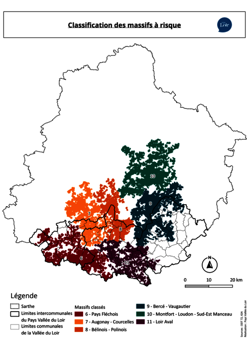 Classification des massifs à risque Carte représentant la classification des massifs à risque dans la région de la Vallée du Loir. Les zones sont colorées selon leur numéro de massif : Rouge pour le massif 6 : Pays Fléchois ; Orange pour le massif 7 : Augonay - Courcelles ; Violet pour le massif 8 : Bélinois - Polinois ; Bleu foncé pour le massif 9 : Bercé - Vaugautier ; Vert foncé pour le massif 10 : Montfort - Loudon - Sud-Est Manceau ; Mauve pour le massif 11 : Loir Aval. Les limites intercommunales sont tracées en noir, les limites communales en gris. Une échelle en kilomètres est visible en bas à droite, accompagnée d’une rose des vents indiquant le nord.